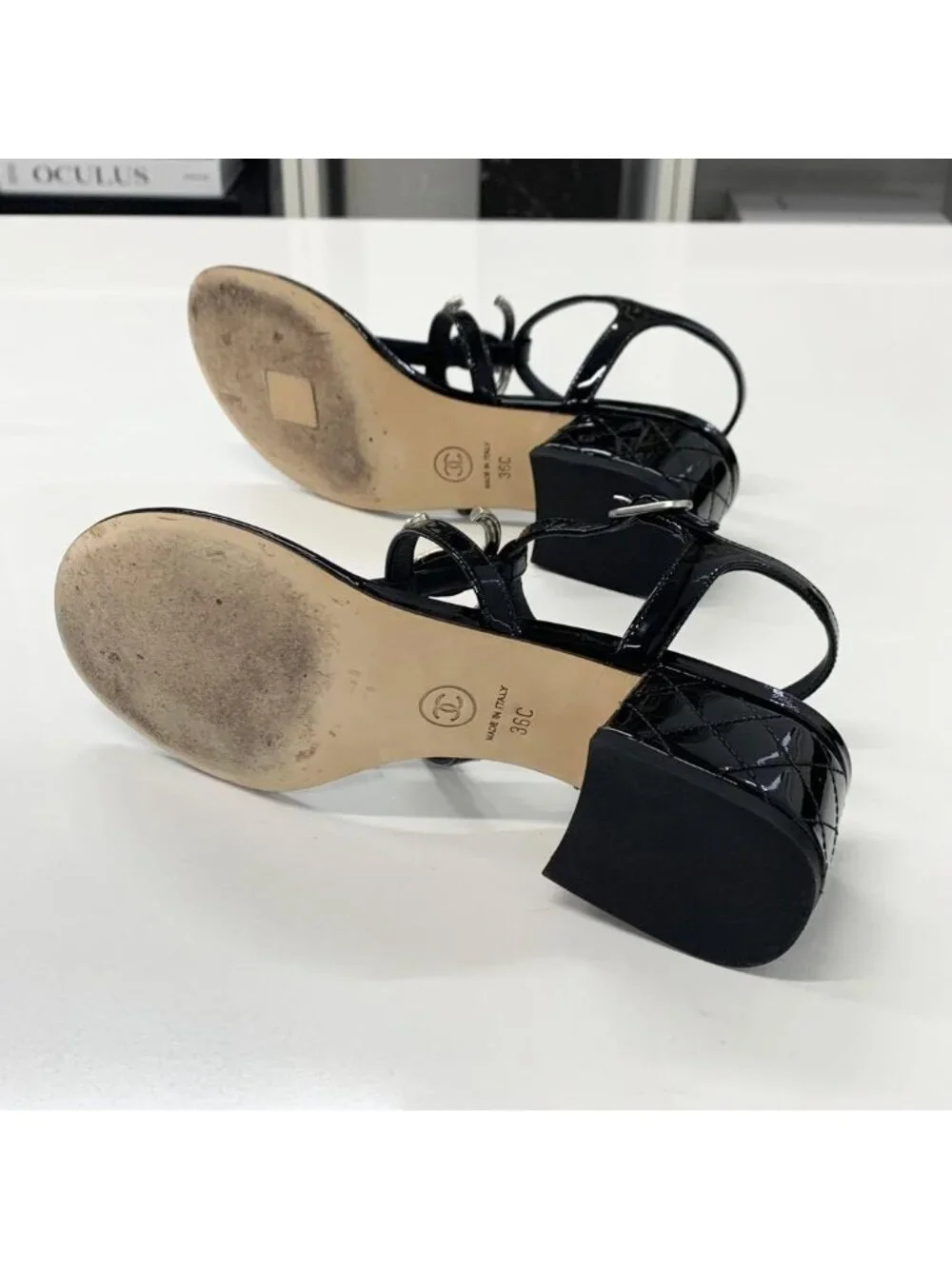 Chanel CC Logo Camellia Patent Strap Thong Sandals Black